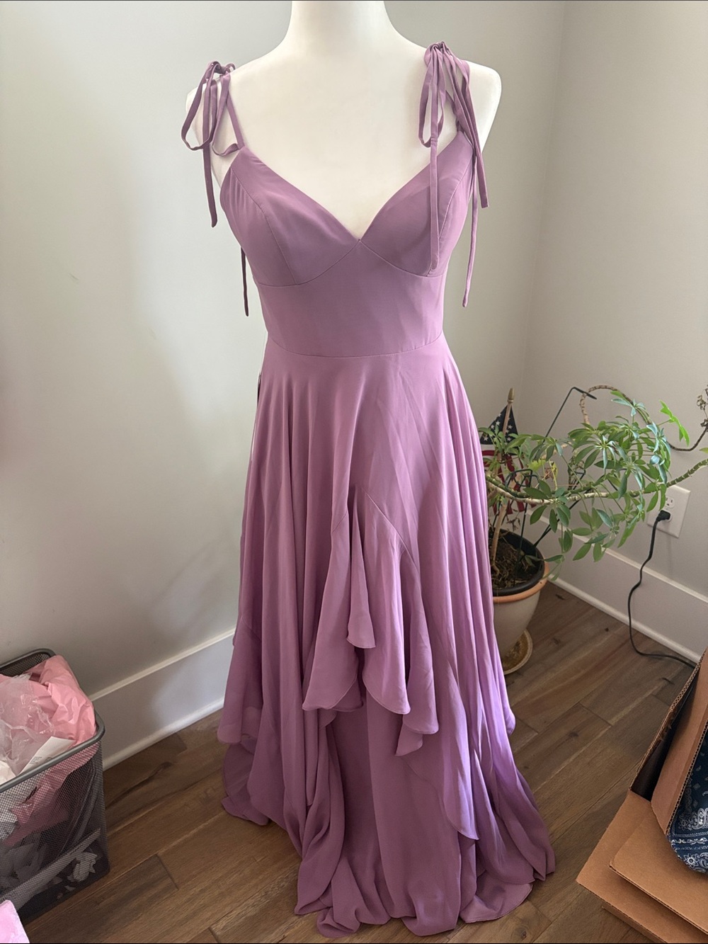 Azazie Lavender Tie-Strap Ruffled Maxi Dress